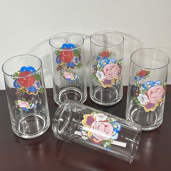 Tabletops Unlimited Other - Set of 5 Tabletops Unlimited Tumbler Glasses Flowers Clear Glass Drinkware Vtg